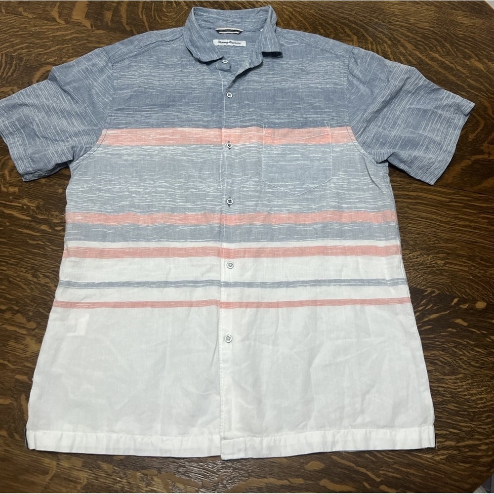 Tommy Bahama Mens Medium Striped Button Up Shirt Cotton Blend Short Sleeve